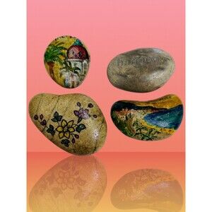 Handpainted River Rock Stone Art Paperweight Nice Scenery Flowers & Rock w/ Word